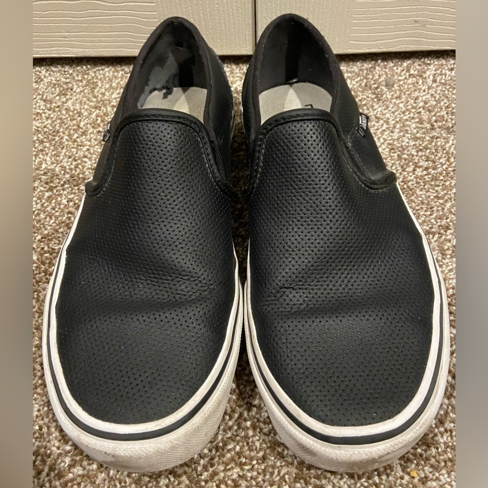 Vans Women's 8.5 Asher Perforated Leather Slip On Sneakers Black Low Skater Shoe